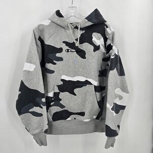 Champion Hoodie Men's M Reverse Weave Black Grey Camo Logo Comfort